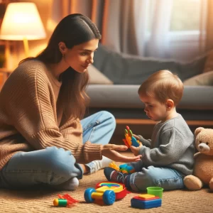 Floortime terapi yöntemiyle oyun oynayan bir ebeveyn ve çocuk.